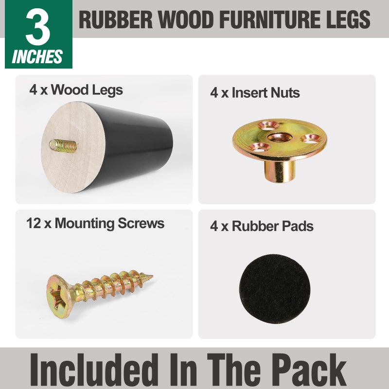 FoDau770 Black Rubber Wood Furniture Legs 3 Inches, Slant Tapered Wood Legs Mid Century Sofa Legs Set of 4, 5/16"" UNC Furniture Feet Replacement Legs for Cabinet Sofa Couch Dresser Chair Ottoman Table - Image 2